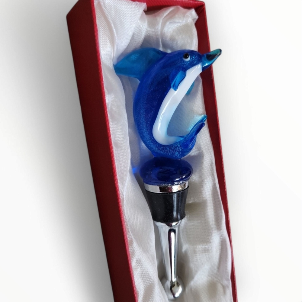 Blown Art Glass Blue Dolphin Wine Bottle Stopper - Picture 7 of 9